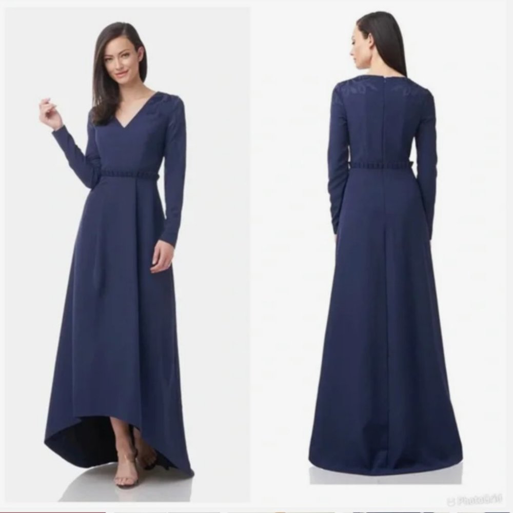 JS Collection Womens Blue Dress High Low Hem Long Sleeve Gown Size 14 V-Neck‎